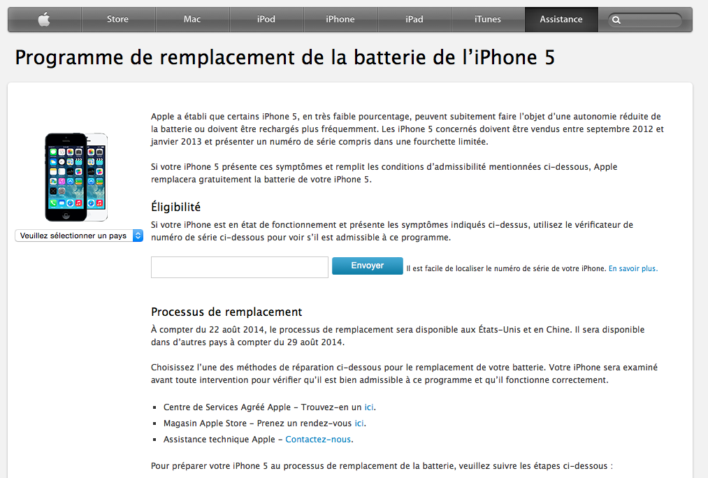 Programme de remplacement de la batterie d'iPhone 5